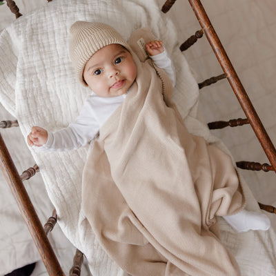 Luxe Collection 100% Organic Cotton Luxury Knit Baby Blanket + Hat Set with Gift Box
